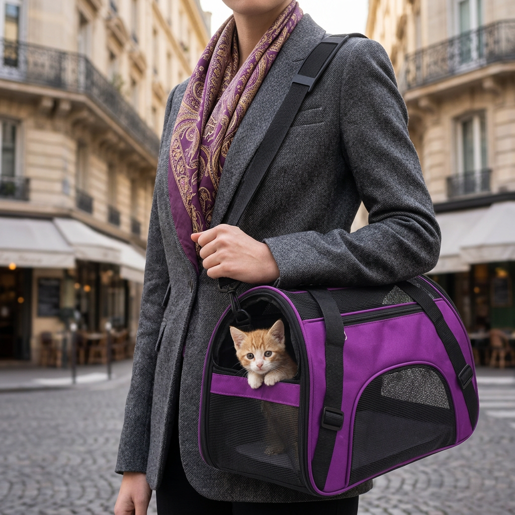 Sac transport chat violet fond blanc respirant léger