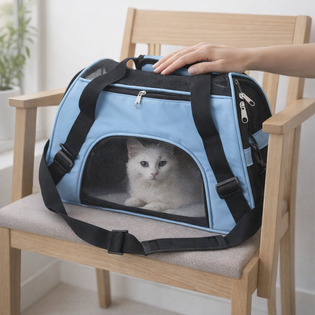 Sac transport chat bleu fond blanc souple respirant