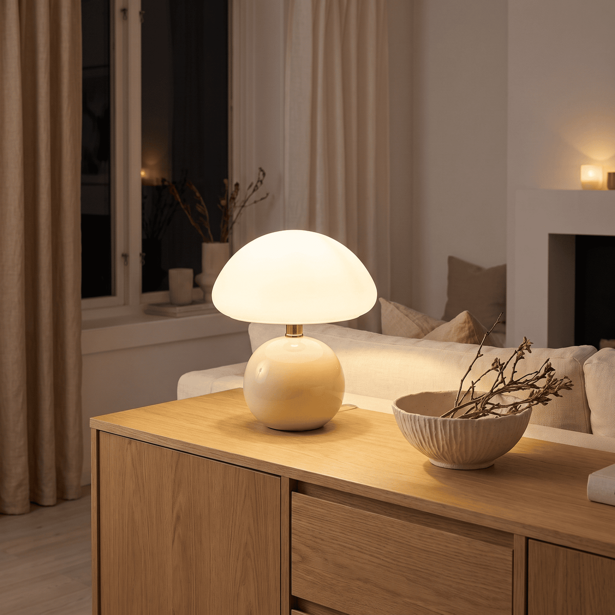 Lampe de table en céramique, champignon nordique à abat-jour dôme Bianca